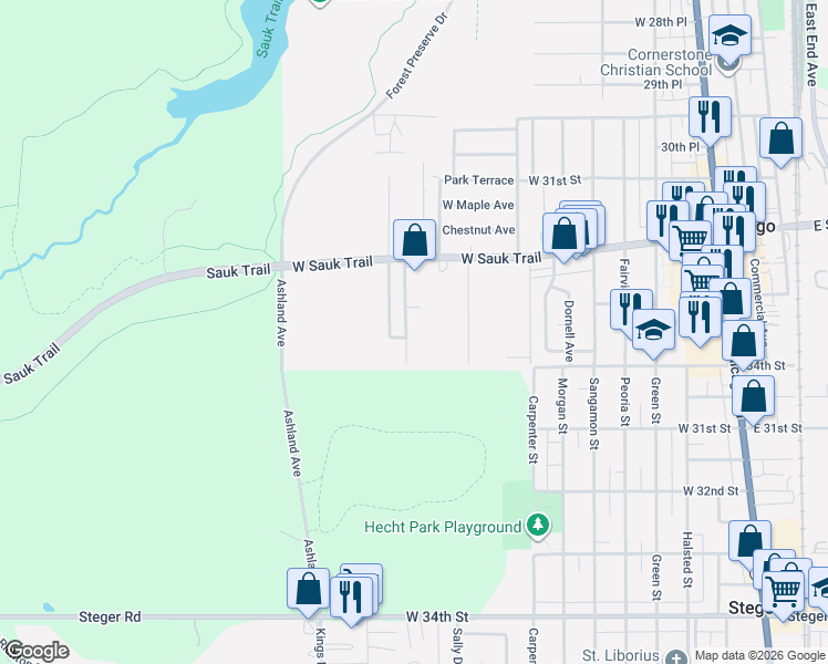 map of restaurants, bars, coffee shops, grocery stores, and more near 3323 Campbell Avenue in South Chicago Heights
