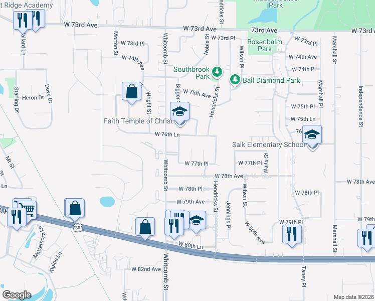 map of restaurants, bars, coffee shops, grocery stores, and more near 7710 Wallace Street in Merrillville