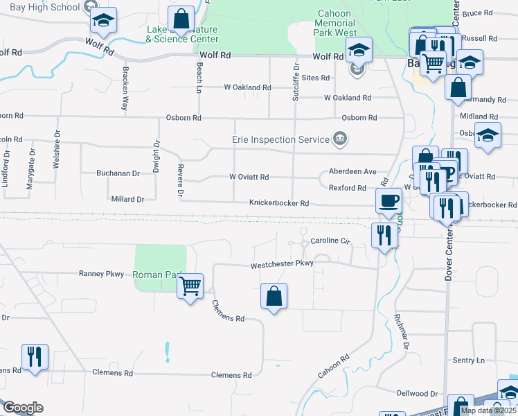 map of restaurants, bars, coffee shops, grocery stores, and more near 28307 Knickerbocker Road in Bay Village