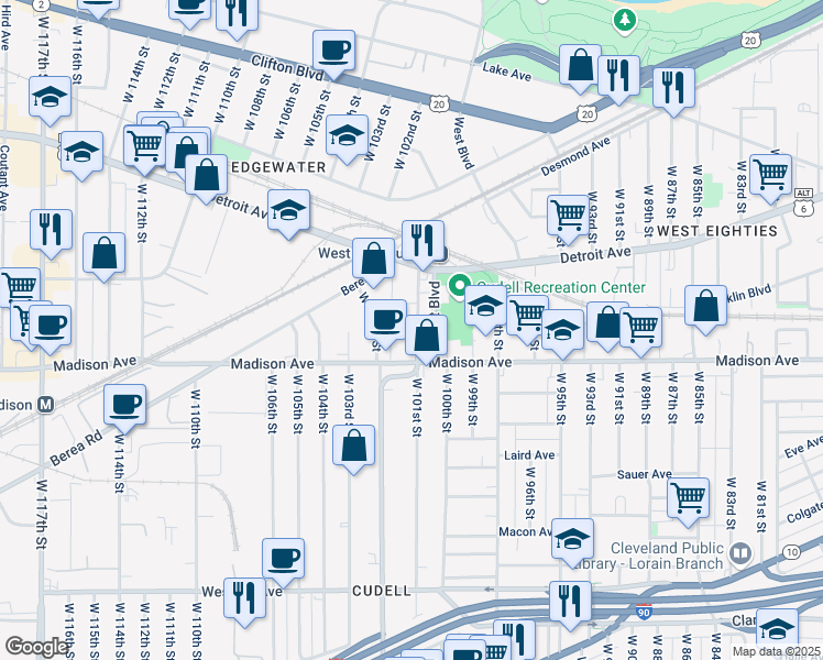map of restaurants, bars, coffee shops, grocery stores, and more near 1464 West 101st Street in Cleveland