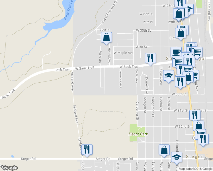 map of restaurants, bars, coffee shops, grocery stores, and more near 3323 Campbell Avenue in South Chicago Heights