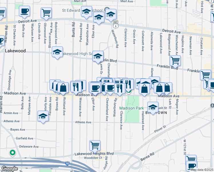 map of restaurants, bars, coffee shops, grocery stores, and more near 1658 Chesterland Avenue in Lakewood