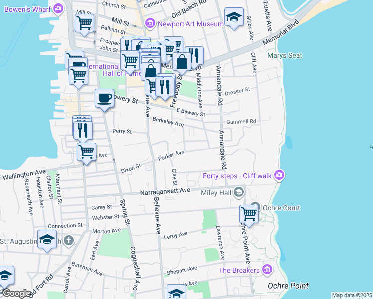 map of restaurants, bars, coffee shops, grocery stores, and more near 20 Sylvan Street in Newport