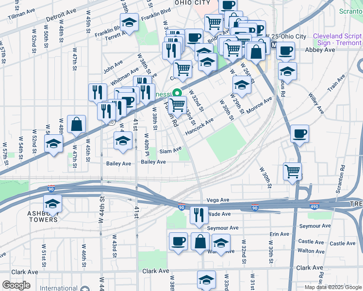 map of restaurants, bars, coffee shops, grocery stores, and more near 3508 Siam Avenue in Cleveland