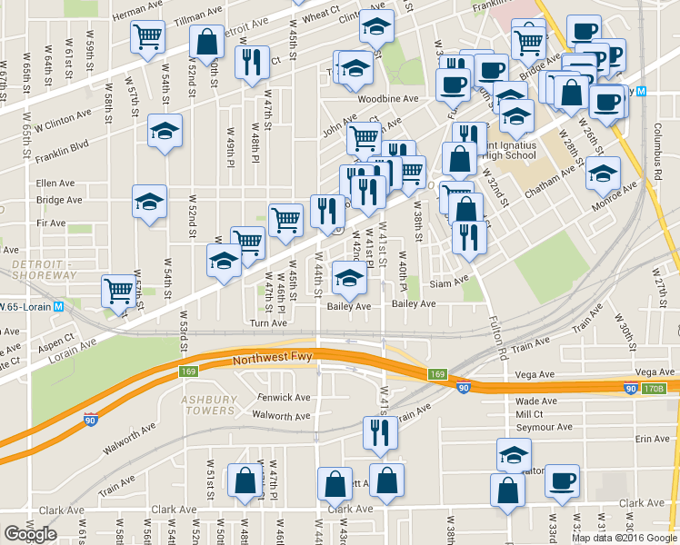 map of restaurants, bars, coffee shops, grocery stores, and more near 4300 Orchard Avenue in Cleveland