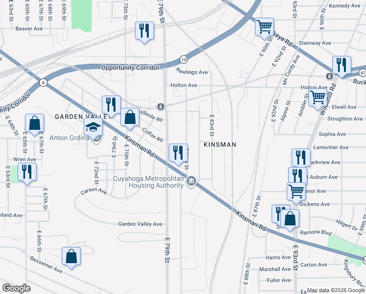 map of restaurants, bars, coffee shops, grocery stores, and more near 2962 East 81st Street in Cleveland