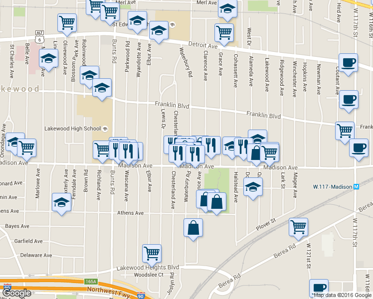 map of restaurants, bars, coffee shops, grocery stores, and more near 1644 Waterbury Road in Lakewood