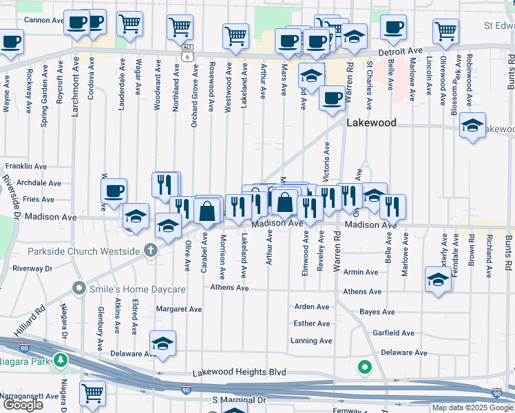 map of restaurants, bars, coffee shops, grocery stores, and more near 1684 Arthur Avenue in Lakewood