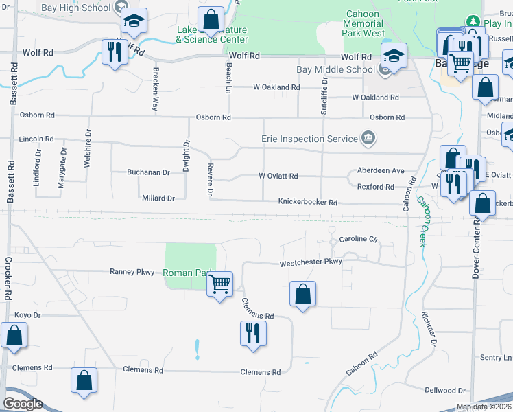 map of restaurants, bars, coffee shops, grocery stores, and more near 28501 Knickerbocker Road in Bay Village