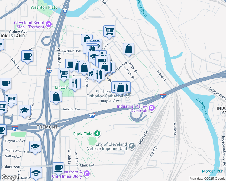 map of restaurants, bars, coffee shops, grocery stores, and more near 2480 Professor Avenue in Cleveland