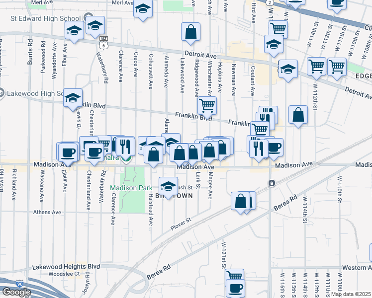 map of restaurants, bars, coffee shops, grocery stores, and more near 1625 Lakewood Avenue in Lakewood