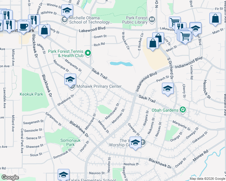 map of restaurants, bars, coffee shops, grocery stores, and more near 226 Marquette Street in Park Forest