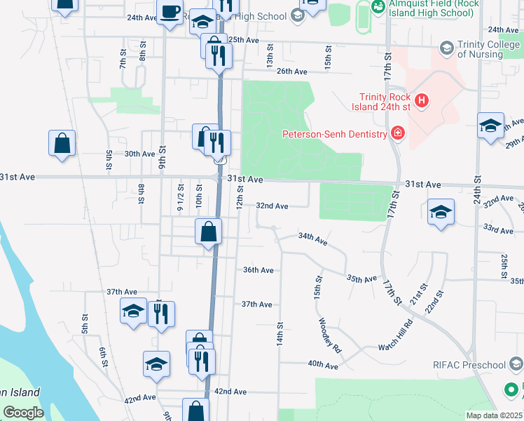 map of restaurants, bars, coffee shops, grocery stores, and more near 3201 14th Street in Rock Island