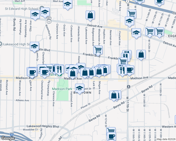 map of restaurants, bars, coffee shops, grocery stores, and more near 1622 Ridgewood Avenue in Lakewood