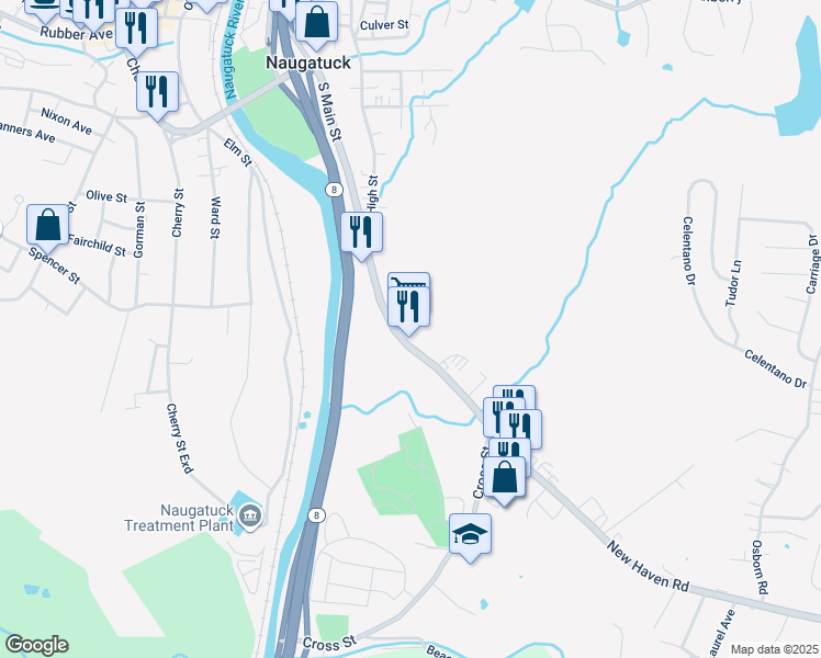 map of restaurants, bars, coffee shops, grocery stores, and more near 628 South Main Street in Naugatuck