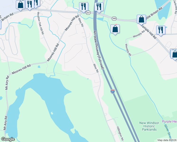 map of restaurants, bars, coffee shops, grocery stores, and more near 18 Coach House Court in New Windsor