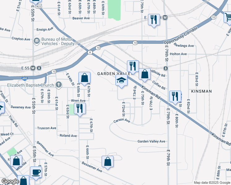 map of restaurants, bars, coffee shops, grocery stores, and more near 7034 Roy Avenue in Cleveland