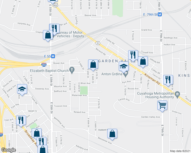 map of restaurants, bars, coffee shops, grocery stores, and more near in Cleveland