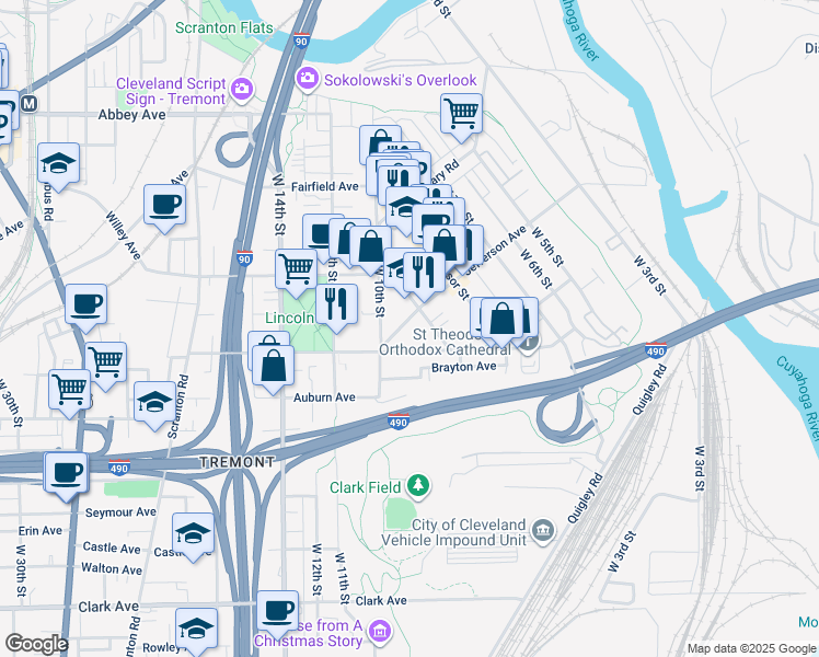 map of restaurants, bars, coffee shops, grocery stores, and more near 943 Jefferson Avenue in Cleveland