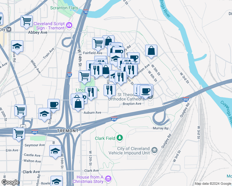 map of restaurants, bars, coffee shops, grocery stores, and more near 943 Jefferson Avenue in Cleveland