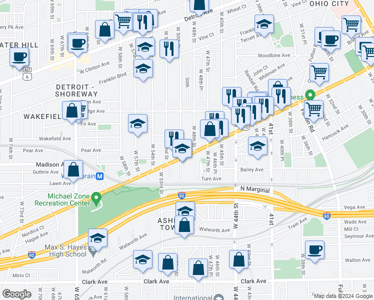 map of restaurants, bars, coffee shops, grocery stores, and more near 4744 Lorain Avenue in Cleveland