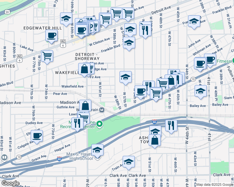 map of restaurants, bars, coffee shops, grocery stores, and more near 1967 West 58th Street in Cleveland
