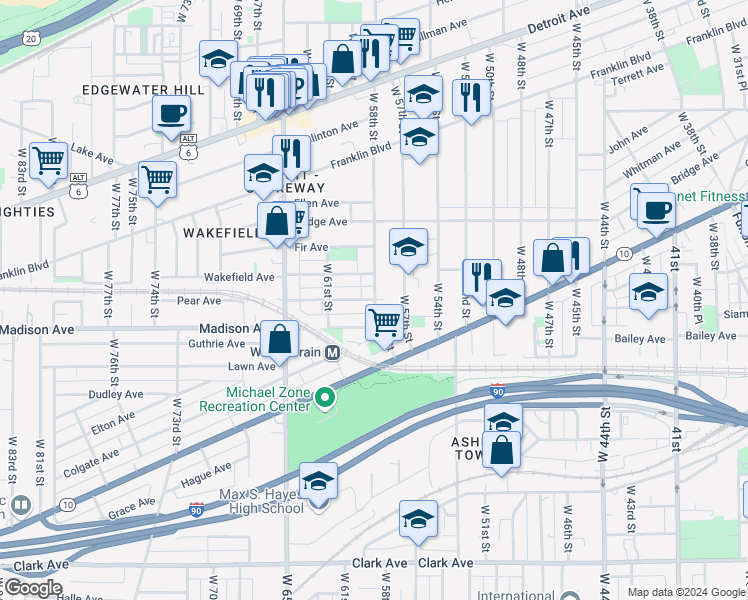 map of restaurants, bars, coffee shops, grocery stores, and more near 1967 West 58th Street in Cleveland