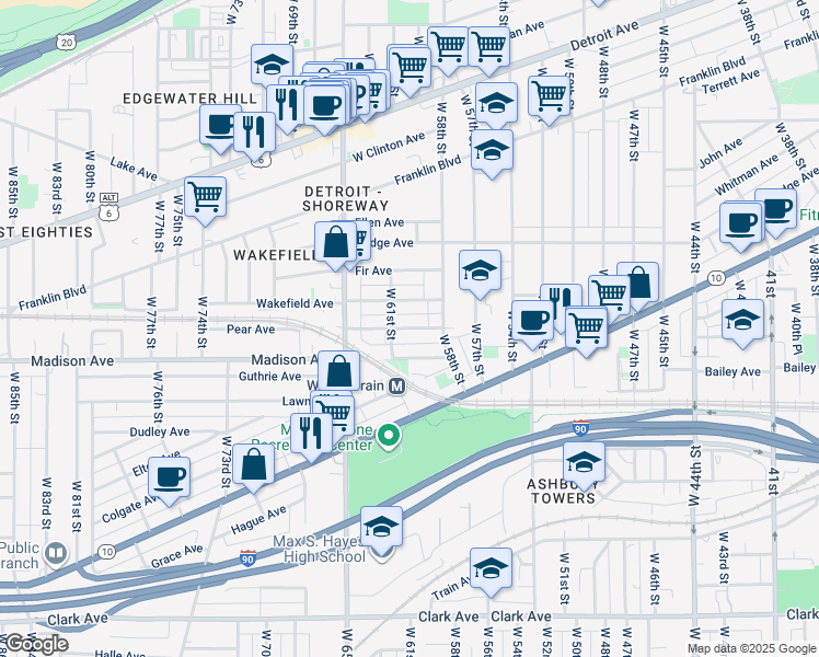 map of restaurants, bars, coffee shops, grocery stores, and more near 6005 Pear Avenue in Cleveland