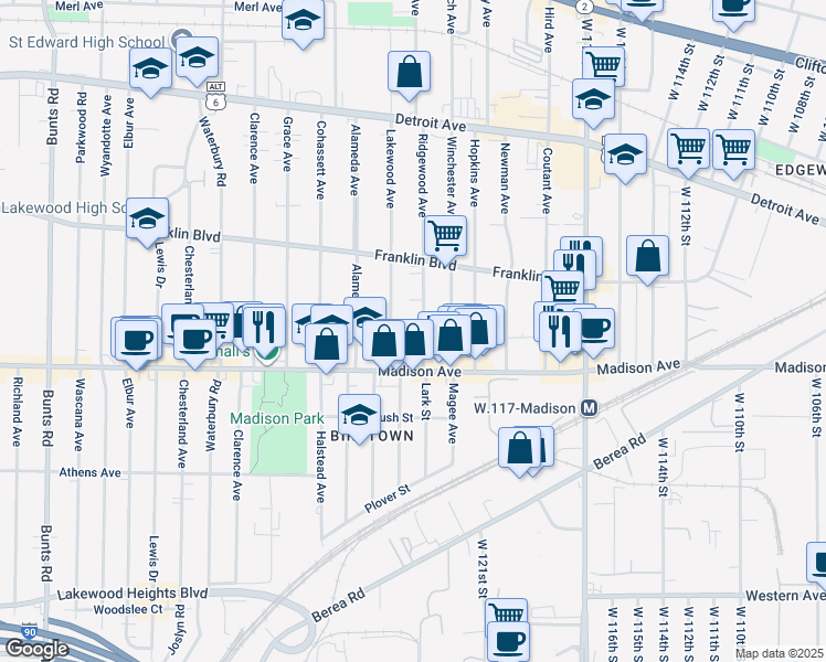 map of restaurants, bars, coffee shops, grocery stores, and more near 1622 Ridgewood Avenue in Lakewood