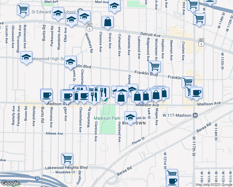 map of restaurants, bars, coffee shops, grocery stores, and more near 1643 Grace Avenue in Lakewood