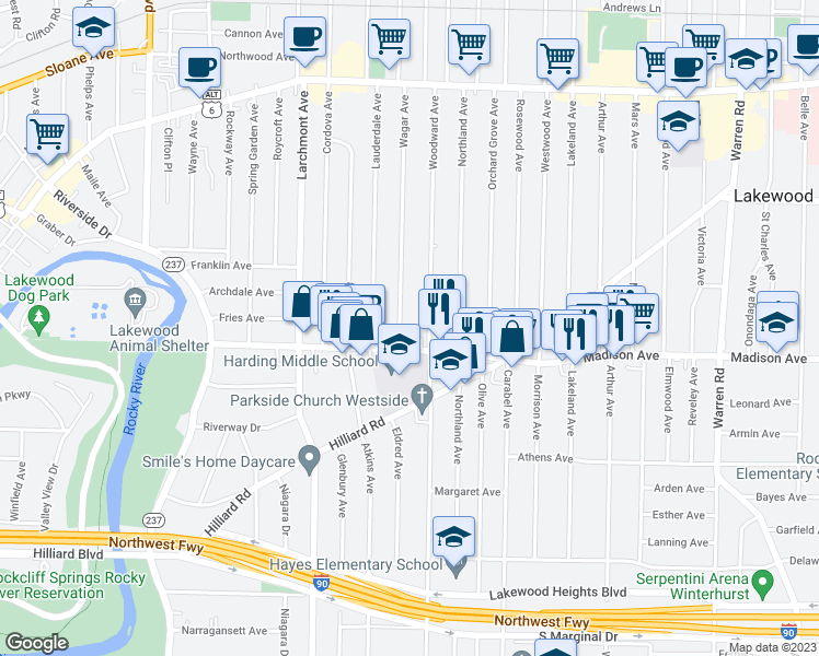 map of restaurants, bars, coffee shops, grocery stores, and more near 1660 Wagar Avenue in Lakewood