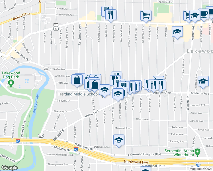 map of restaurants, bars, coffee shops, grocery stores, and more near 1660 Wagar Avenue in Lakewood