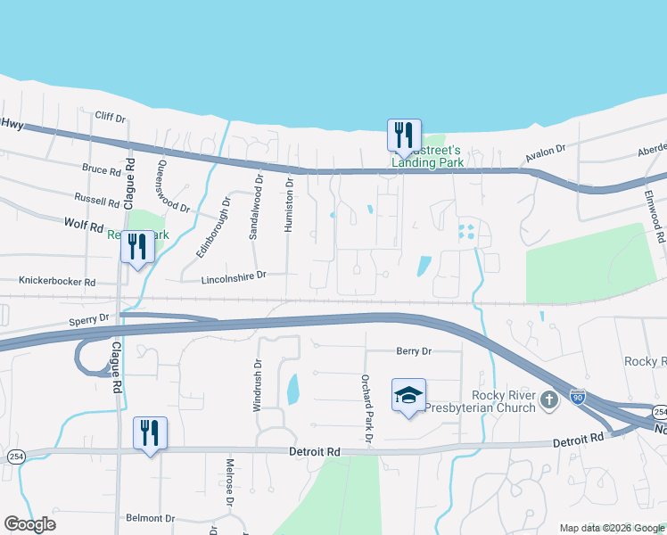 map of restaurants, bars, coffee shops, grocery stores, and more near 22709 Lake Road in Rocky River