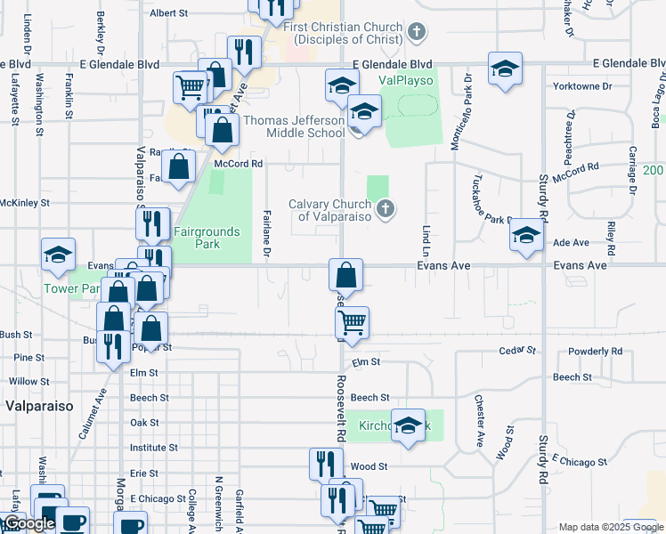 map of restaurants, bars, coffee shops, grocery stores, and more near 1028-1098 Roosevelt Road in Valparaiso