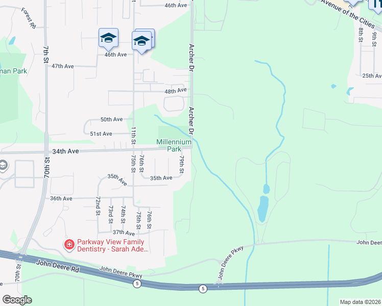map of restaurants, bars, coffee shops, grocery stores, and more near 80th Street in East Moline