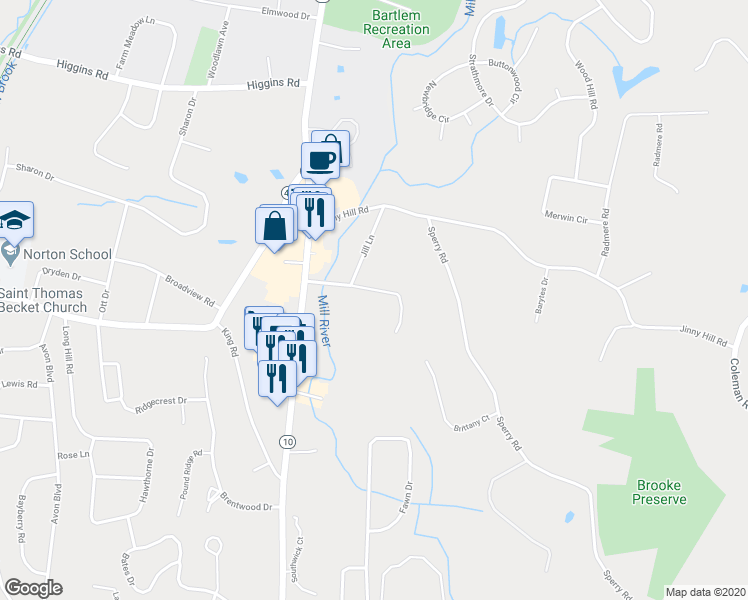 map of restaurants, bars, coffee shops, grocery stores, and more near 181 Mansion Road in Cheshire