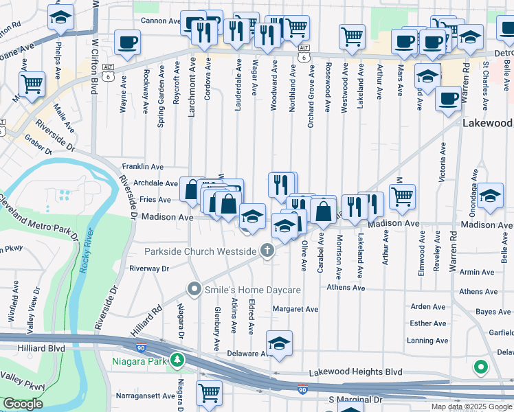 map of restaurants, bars, coffee shops, grocery stores, and more near 1660 Wagar Avenue in Lakewood