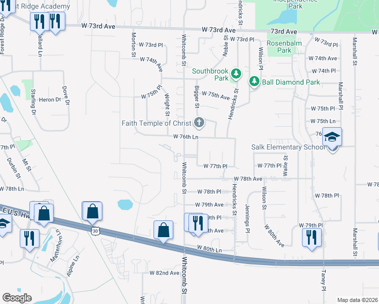 map of restaurants, bars, coffee shops, grocery stores, and more near 3820 West 77th Place in Merrillville
