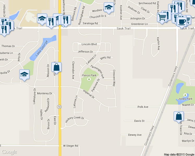 map of restaurants, bars, coffee shops, grocery stores, and more near 22608 Parkview Drive in Richton Park