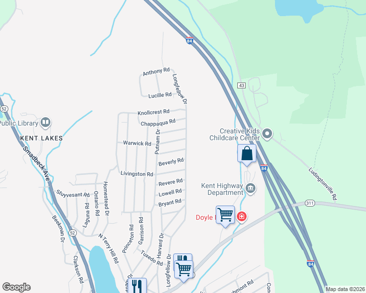 map of restaurants, bars, coffee shops, grocery stores, and more near 140 Longfellow Drive in Carmel Hamlet