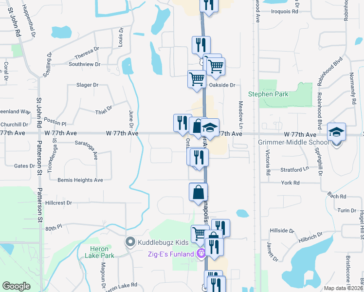 map of restaurants, bars, coffee shops, grocery stores, and more near 2420 Ontario in Schererville