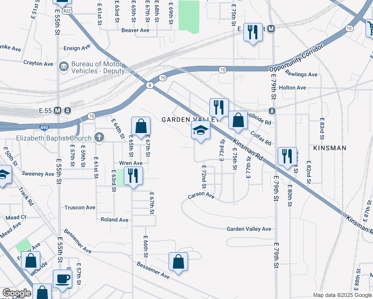 map of restaurants, bars, coffee shops, grocery stores, and more near 7034 Roy Avenue in Cleveland