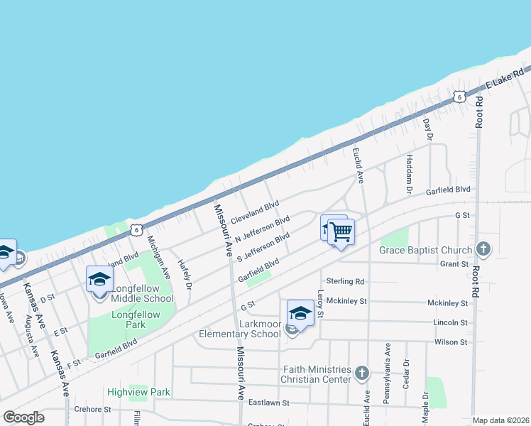 map of restaurants, bars, coffee shops, grocery stores, and more near 2600 Cleveland Boulevard in Lorain