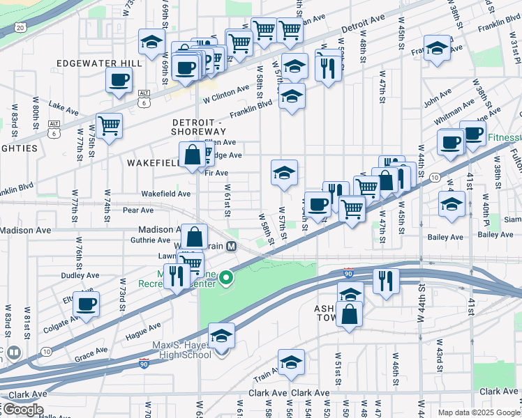 map of restaurants, bars, coffee shops, grocery stores, and more near 5810 Pear Avenue in Cleveland