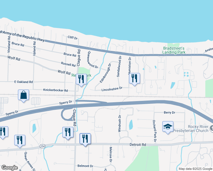 map of restaurants, bars, coffee shops, grocery stores, and more near 574 Huntley Court in Bay Village
