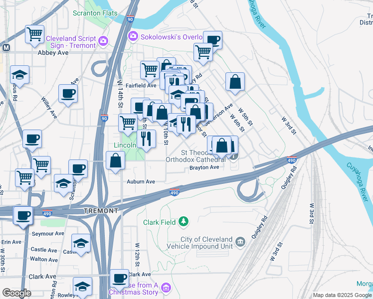 map of restaurants, bars, coffee shops, grocery stores, and more near 2446 Tremont Avenue in Cleveland