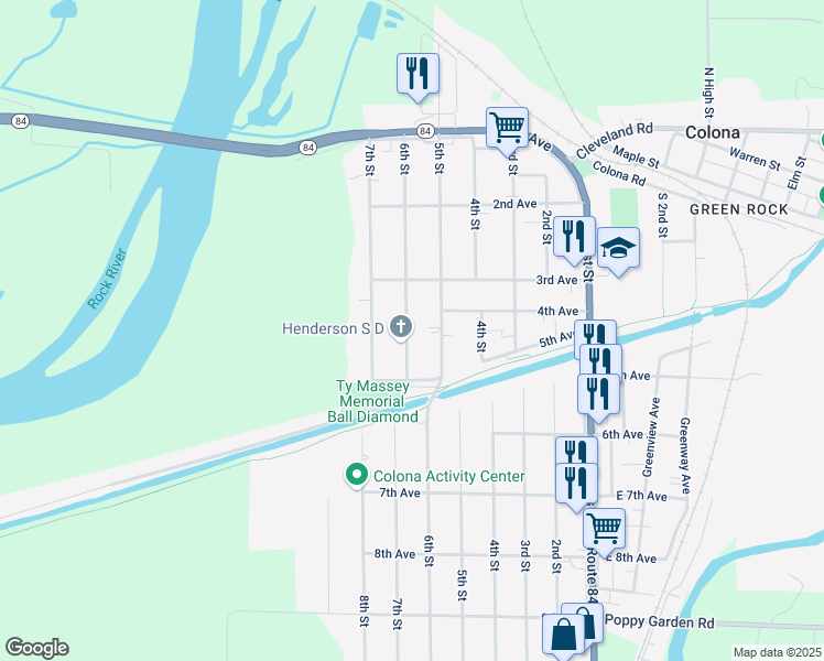 map of restaurants, bars, coffee shops, grocery stores, and more near 318 6th Street in Colona