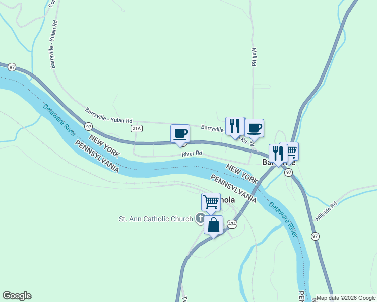 map of restaurants, bars, coffee shops, grocery stores, and more near 3453 New York 97 in Barryville