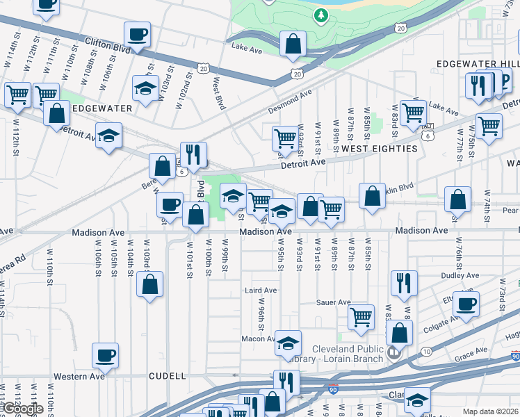 map of restaurants, bars, coffee shops, grocery stores, and more near 1966 West 96th Street in Cleveland