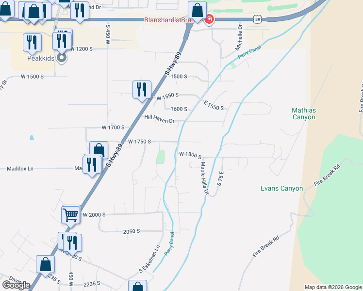 map of restaurants, bars, coffee shops, grocery stores, and more near 1769 South 100 West in Perry